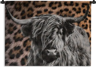 Produktbild von MuchoWow® Wandteppich Wandbehang Schottisches Hochlandrind - Panther - Schwarz - Weiß 60x45 cm Tapisserie Dekoration Wandtuch - Das Schlafzimmer