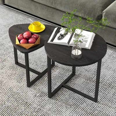 Produktbild von Couchtisch Rund 2er Set – Beistelltisch aus Holz im Industrial Design für Wohnzimmer, Sofatisch Modern