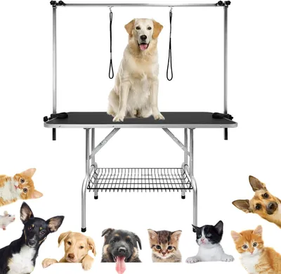 Produktbild von ROSEJANE Hundepflegetisch 113 x 60 x 76 cm, Grooming Tisch für Hunde & Katzen bis 100 kg, höhenverstellbarer Galgen mit 360° Haltegurt, rutschfeste Oberfläche, faltbar