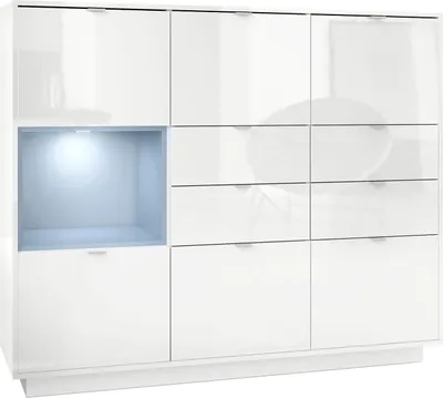 Produktbild von Vladon Highboard Sideboard Metro V2,  Germany, Korpus in Weiß Hochglanz / Fronten in Weiß Hochglanz mit Einsatz in Denim matt, inkl. LED Beleuchtung