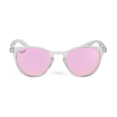 Produktbild von Sonnenbrille Tessa Rundes Design mit rosa Gläsern und transparentem Rahmen UV 400 CAT.3