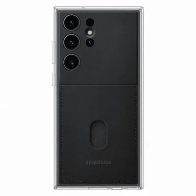 A black Samsung phone case with a card holder attachment is shown against a white background.