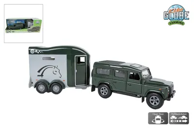 Zdjęcie produktu dla Kids Globe Farming Land Rover metalowy z przyczepą do przewozu koni 26 cm rewers w pudełku