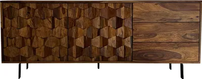 Sideboard Sheesham Massivholz 175cm Loft Design mit Wabenmuster-Tür und Schubfächern in Gesamtansicht.