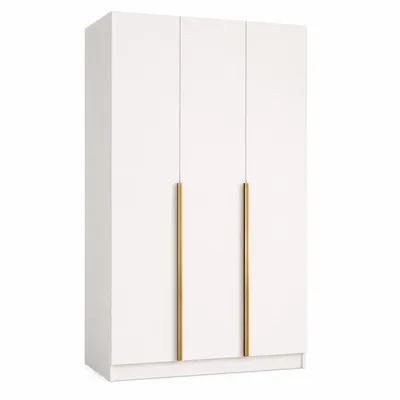 Produktbild von Moderner Kleiderschrank LIZA Weiß mit Goldenem Griff 150 x 60 x 215 cm mit 3 Türen, Kleiderstange und praktischer Innenaufteilung, KI-generiertes Bild
