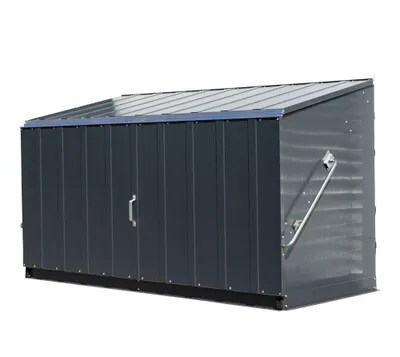 A dark gray metal storage box with a slanted roof, shown against a white background.