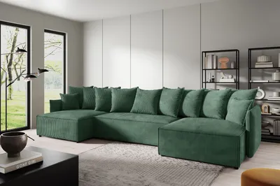 Produktbild von U-Form Ecksofa ANTONIO ABRIAMO-POSSO 362x148x70 cm mit Schlaffunktion & Bettkästen - Eckarniutur / Couch in Cord-Bezug - Hellgrün