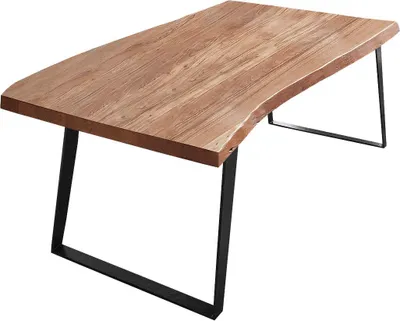Produktbild von Esszimmertisch 180x90 cm Halmstad, Baumkantentisch naturfarben, Akazienholz massiv, schräges U-Gestell aus Metall schwarz