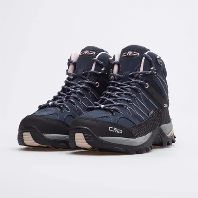 A pair of navy blue hiking boots with pink accents and gray soles, presented against a white background.