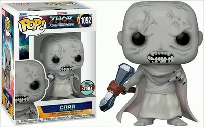 A Funko Pop! vinyl figure of Gorr from Thor: Love and Thunder, shown in its packaging and outside of it.