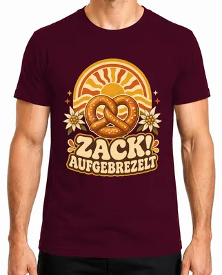 Zdjęcie produktu dla Zack! Koszulka z motywem brezelka, edelweiss, bawarskiego stroju. Spodnie skórzane męskie. T-shirt, kolor burgundowy, rozmiar L