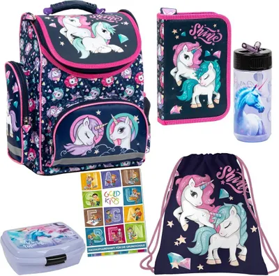 Produktbild von Schulranzen Set 6er Ranzen Tornister Federmappe Turnbeutel Turnsack Brotdose Trinkflasche Aufgabenheft für die Grundschule Einhorn Unicorn Motiv