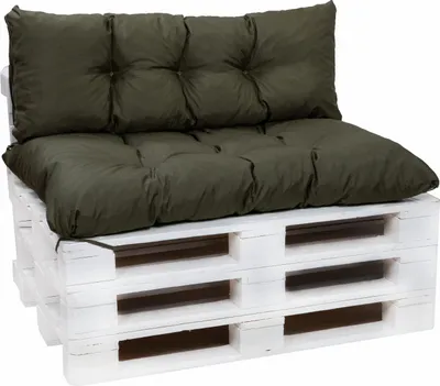 A green cushion set for a pallet sofa, shown on a white pallet base against a white background.
