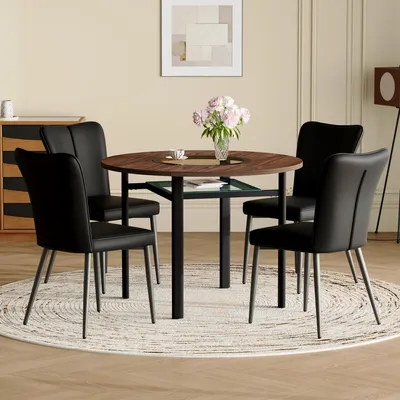 Produktbild von STILVORA Runder Esstisch 100 cm Set mit 4 schwarzen Stühlen – Glas-Einlegeplatte & Glasablage, moderner Küchentisch Esszimmertisch Holzoptik