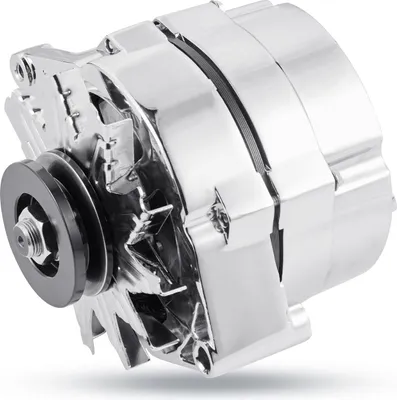 A chrome-plated automotive alternator is shown against a white background.