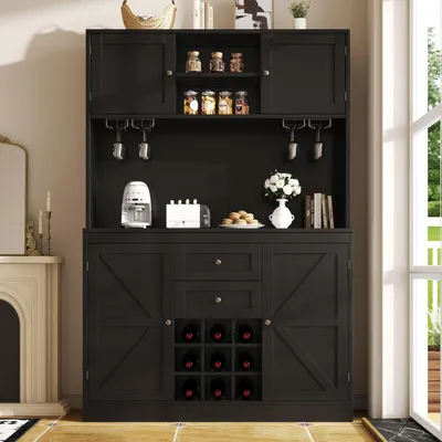 Zdjęcie produktu dla Szafka kuchenna z półką na wino, wysoka szafka z 4 drzwiczkami i 2 szufladami, komoda, kolor czarny, wymiary: 120x40x188 cm