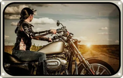Image de vianmo Plaque en tôle 12x18 cm Motorrad Frau Girl Sonnenaufgang