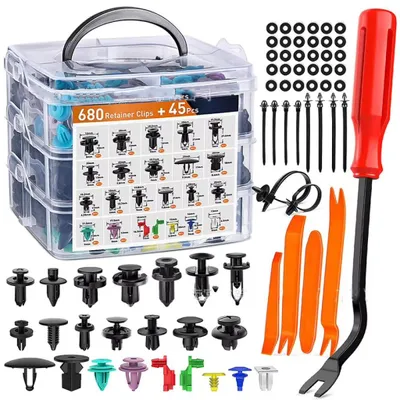 Imagen del producto de Clips de sujeción automotrices - Juego de 725 piezas - Remaches de presión - Para carrocería, parachoques y paneles de puertas - Herramientas de desmontaje