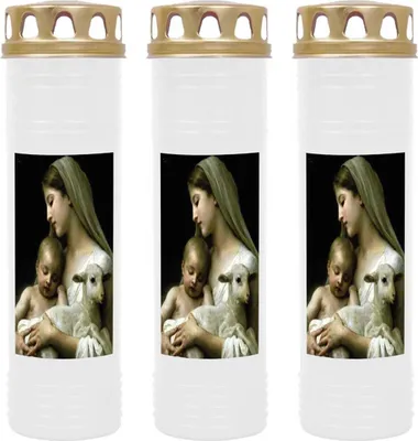 Produktbild von Grabkerze Weiß 3er Pack, Brenndauer: 170 Stunden ( je Kerze ), Motiv: Maria mit Lamm