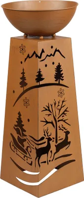 A decorative metal column with a bowl on top, featuring a winter scene with deer and a sleigh cut out.