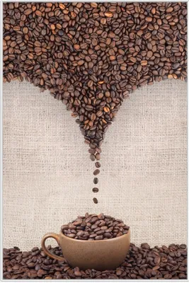 Produktbild von Wallario Wandbild Tasse mit Kaffeebohnen - Kaffeedesign, Größe: 61 x 91,50 cm, Poster mit weißem Aluminiumrahmen
