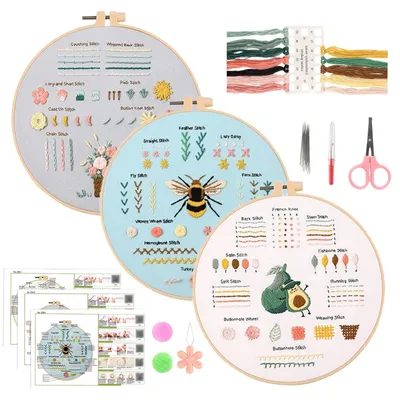 Produktbild von Stickset Stickpackung Stickerei-Set - 3 Stoffe - Für Anfänger - 28 Stiche - Mit Bambus-Stickrahmen