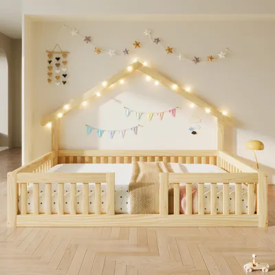 Produktbild von STILVORA Hausbett 140x200 cm aus Holz mit Rausfallschutz, Kinderbett mit LED-Lichterkette, Bodenbett mit Sicherheitsgitter