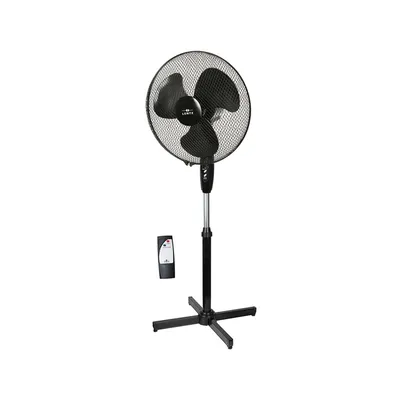 A black floor fan with a remote control on a white background.
