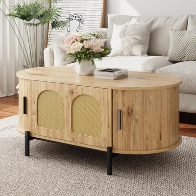 Image de Table basse ovale en rotin, avec portes coulissantes, aspect bois et pieds en métal ; table de salon multifonctionnelle avec espace de rangement