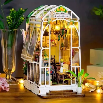 Produktbild von DIY Book Nook Weißes Gewächshaus - 3D-Puzzle - Miniaturhaus mit LED - Musikbox - Staubschutz