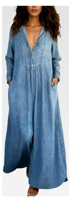 Produktbild von Damen Jeanskleid Lang Hemdkleid Denim Maxi Sommerkleid Locker Freizeitkleid mit Taschen V-Ausschnitt Große Größen Blusenkleid Einfarbig Faltenrock Boho Maxikleid mit Tasche