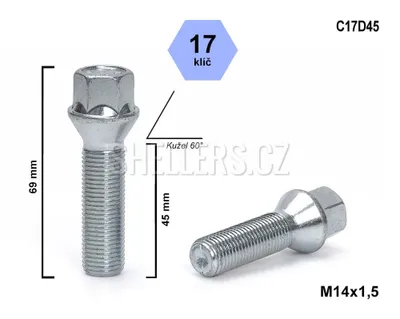 Obrázok produktu pre Skrutka kolesa M14x1,5x45 s kužeľom, kľúč 17, C17D45 výška 69 mm