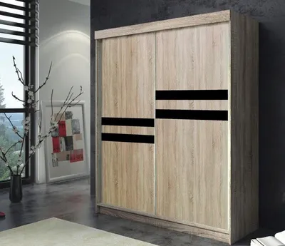 Produktbild von Krudox AST Kleiderschrank Sonoma Schwarz 150x200x62 cm Schiebetürenschrank mit Schwarz Lacobel Kleiderstange Schlafzimmer