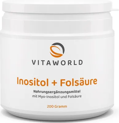 Produktbild von Vitaworld Inositol + Folsäure | 200 g Pulver | 99,9 % Myo-Inositol | 800 µg Folsäure pro Tagesdosis | vegan