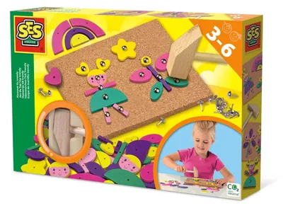 Produktbild von SES Creative 00927 Hämmerchen Tick Trendy - Modernes Nagelspiel für Kinder, Mit Korkplatte und bunten Formen ab 3 Jahren, Bastelset für Kinder, 3 Jahr(e), Kork, Holz, Mehrfarbig