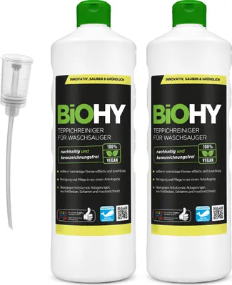 Produktbild von BIOHY Teppichreiniger für Waschsauger (2x1l Flasche) + Dosierer | geeignet für alle Waschsauger | entfernt Flecken und Schmutz mühelos | Reinigung und Pflege in nur einem Arbeitsgang