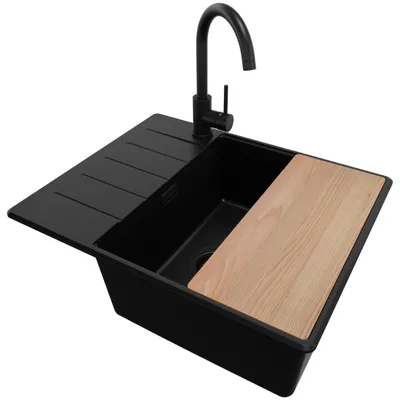 Produktbild von PRIMAGRAN Granitspüle Alles Schwarz 62x50cm, Spülbecken 1 Becken + Ablauf-Set + Küchenzubehörset, Küchenspüle ab 50er Unterschrank - Kopenhagen