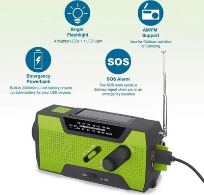 Immagine prodotto di Radio di emergenza FM AM a energia solare con 2000 mAh come power bank/lampada di lettura, allarme/segnale SOS