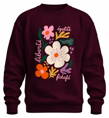 Imagen del producto de Libertad, Igualdad, "Fckafd", Flores, Libertad. Sudadera con estampado ("statement") irónico. Color burdeos, talla L