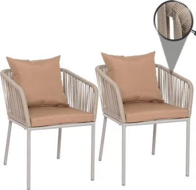 Produktbild von 2er-Set Gartenstuhl MCW-N41, Outdoor Armlehne, wetterfest Aluminium Seilgeflecht Rope hellgrau Kissen taupe