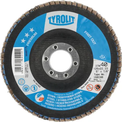 Zdjęcie produktu dla Tarcza listkowa TYROLIT (specjalna ZA) z tkaniny szklanej, stożkowa, Ø 125 mm, ziarnistość: 80