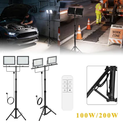 Productafbeelding van YARDIN LED schijnwerper, 2 x 100W, buitenverlichting met zwart statief, dimbaar, koelwit licht, IP66, met afstandsbediening, 3 meter Eurostekker, geschikt voor tuin en gevel