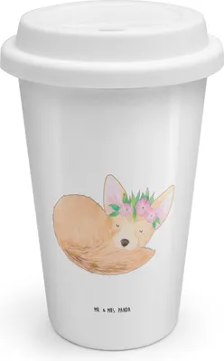 Produktbild von Mr. & Mrs. Panda Kaffeebecher To Go Wüstenfuchs Blumen - Weiß - Geschenk, Coffee Becher, Glücklich, Thermobecher, Mehrwegbecher, Wüste, Afrika, Blumenkranz, ToGo