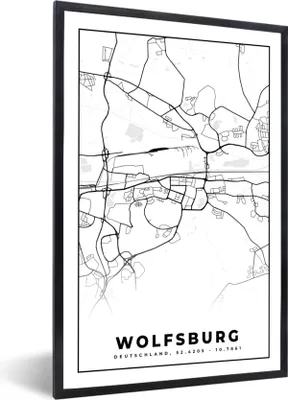 Produktbild von MuchoWow® Gerahmtes Poster Wolfsburg - Karte - Stadtplan 60x90 cm - Poster mit Schwarzem Bilderrahmen Wandposter Rahmen Foto Bilder - Kunst