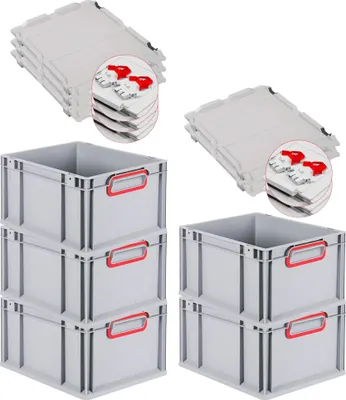 Produktbild von SuperSparSet 5x Eurobox NextGen Color mit Scharnierdeckel und Schiebeschnappverschlüssen | HxBxT 22x30x40cm | 20 Liter | Grau | Griffe rot geschlossen | Glatter Boden | Eurobehälter, Transportbox, Transportbehälter, Stapelbehälter