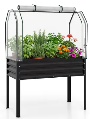 Produktbild von KOMFOTTEU Hochbeet mit PE-Abdeckung, erhöhtes Gartenbeet mit aufrollbarer Reißverschlusstür & Metallrahmen, ergonomische Kräuterbeet für Garten, Balkon & Terrasse, 112 x 55 x 152 cm, Schwarz