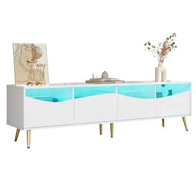 Produktbild von AIORBER Moderner TV-Schrank 180 cm mit LED-Beleuchtung, Glasfront & Stauraum, goldene Metallfüße, elegantes Lowboard in Weiß