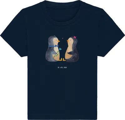 Produktbild von Mr. & Mrs. Panda  T-Shirt Pinguin Pärchen 12. - 18. Monat - French Navy - Geschenk, Liebe, Baumwolle Baby Shirt, Pinguine, Hochzeitstag, Baumwollshirt, Kurzarmshirt