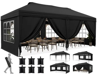 Image de Pavillon pliable 3x6 mètres avec 6 panneaux latéraux, couleur noire, protection UV 50+, structure en acier