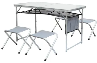 Klapptisch-Set mit 4 Hockern, weiß, Metall/Holz, klappbar